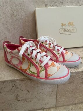 New Coach Pink White Sneakers with Pink and Multicolor Signature Print